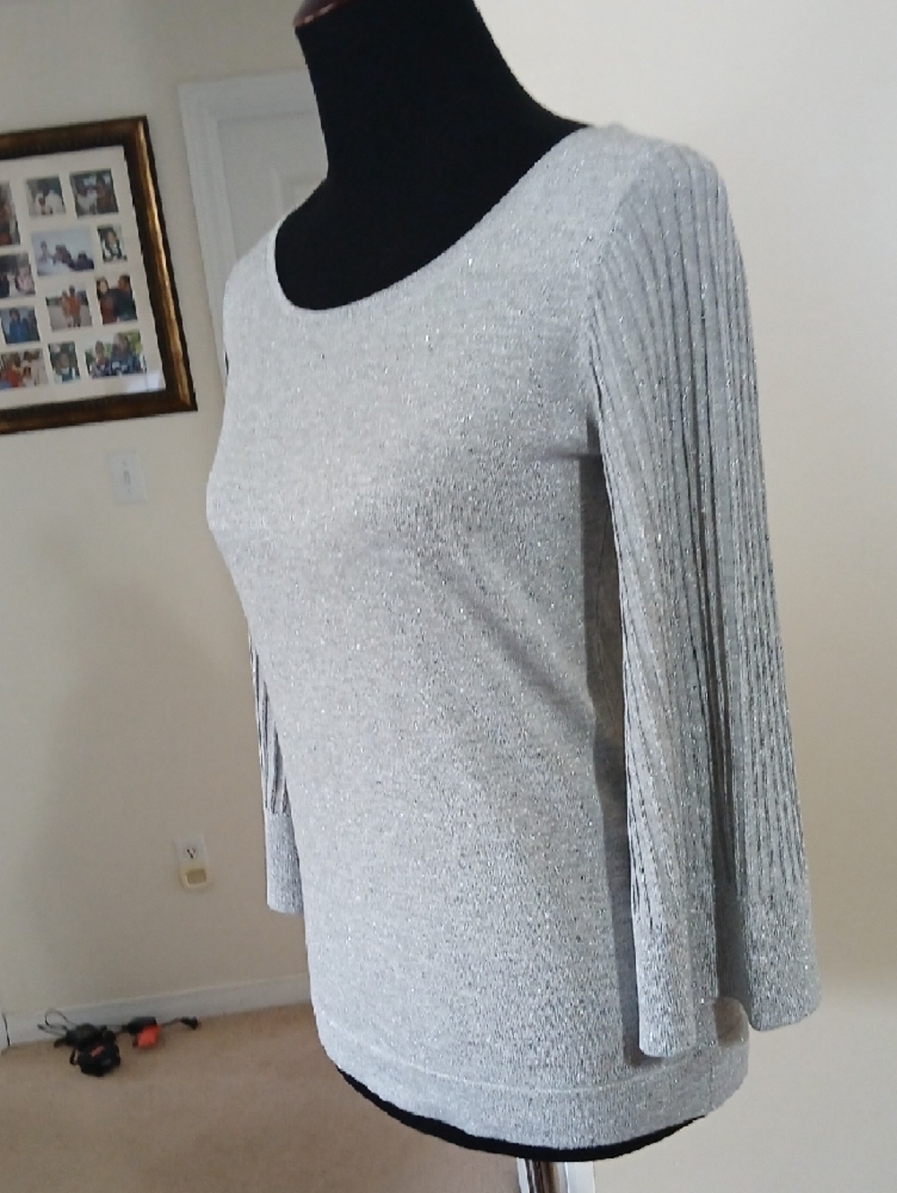 Talbots Silver Sparkle Long Sleeve Scoop Neck Top - Picture 9 of 10